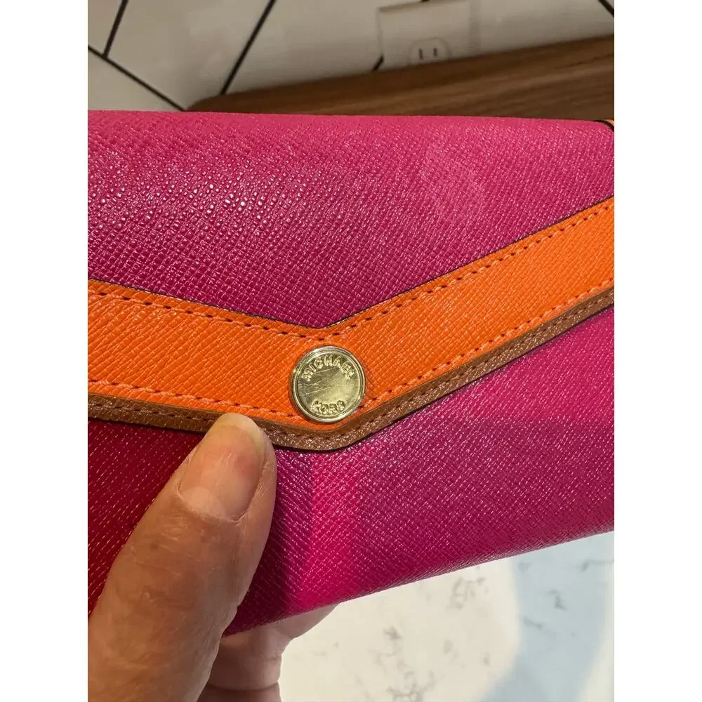 Michael Kors Saffiano Leather Envelope Carryall Wallet pink orange vibrant